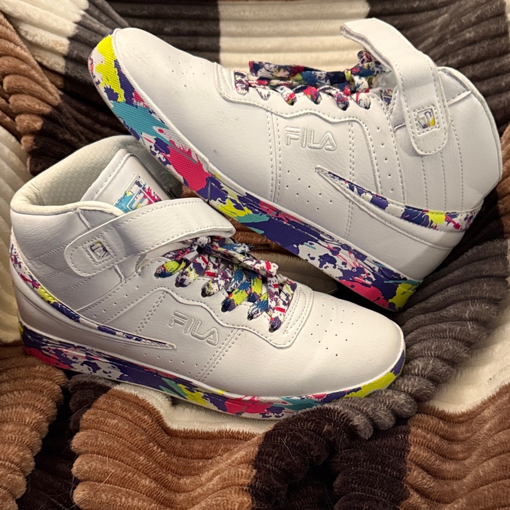 Fila White High-Tops with Multicolor Splash